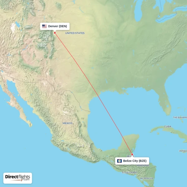 Denver - Belize City direct flight map