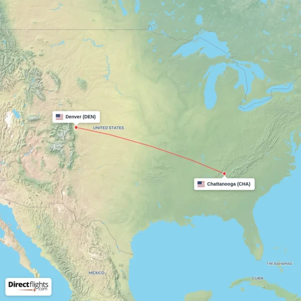 Denver - Chattanooga direct flight map