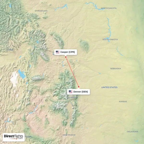 Denver - Casper direct flight map