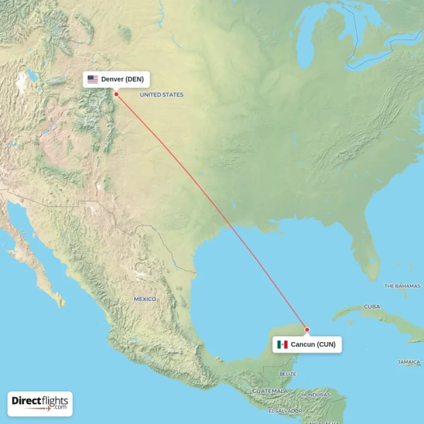 Denver - Cancun direct flight map