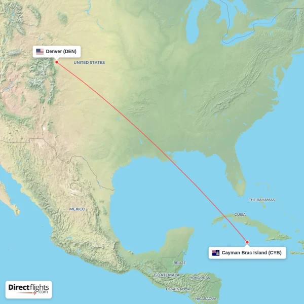 Denver - Cayman Brac Island direct flight map