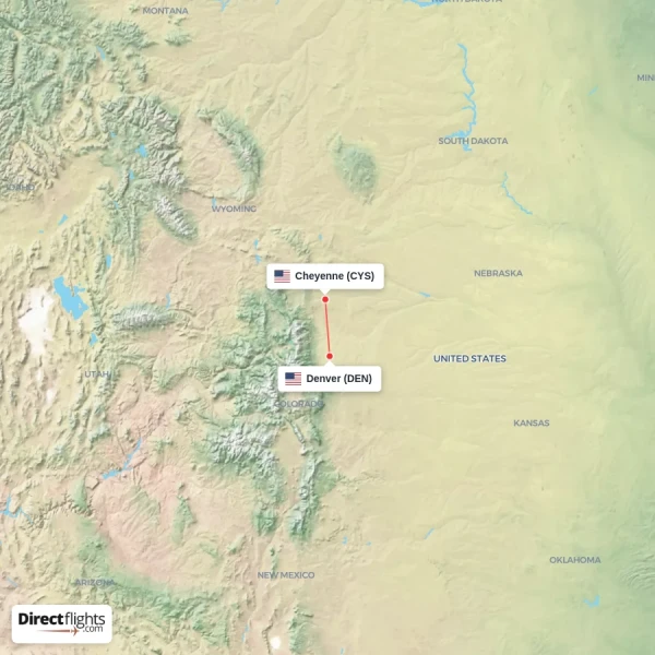 Denver - Cheyenne direct flight map
