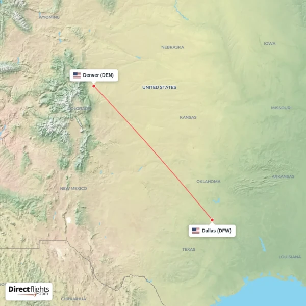 Denver - Dallas direct flight map