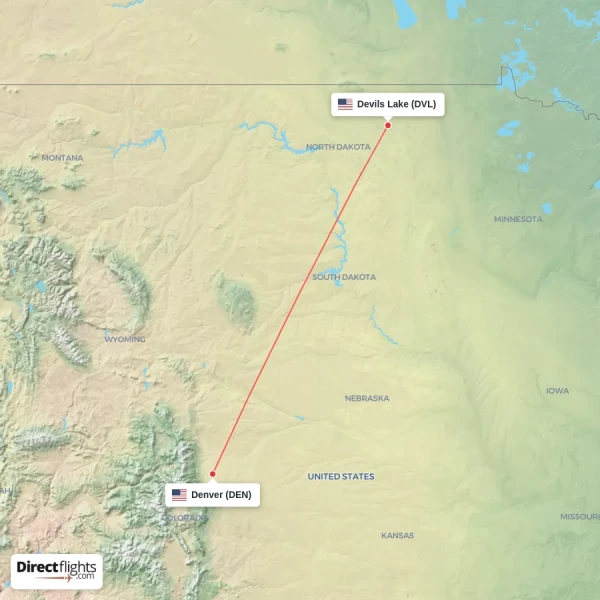 Denver - Devils Lake direct flight map