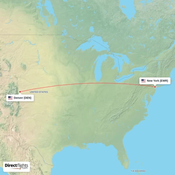 Denver - New York direct flight map