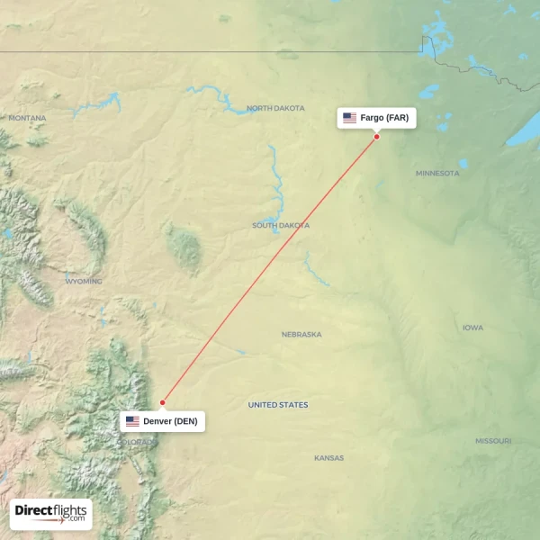 Denver - Fargo direct flight map