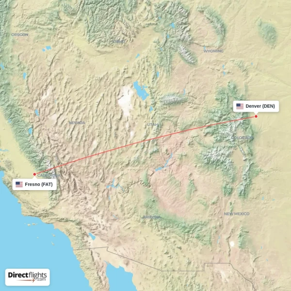 Denver - Fresno direct flight map