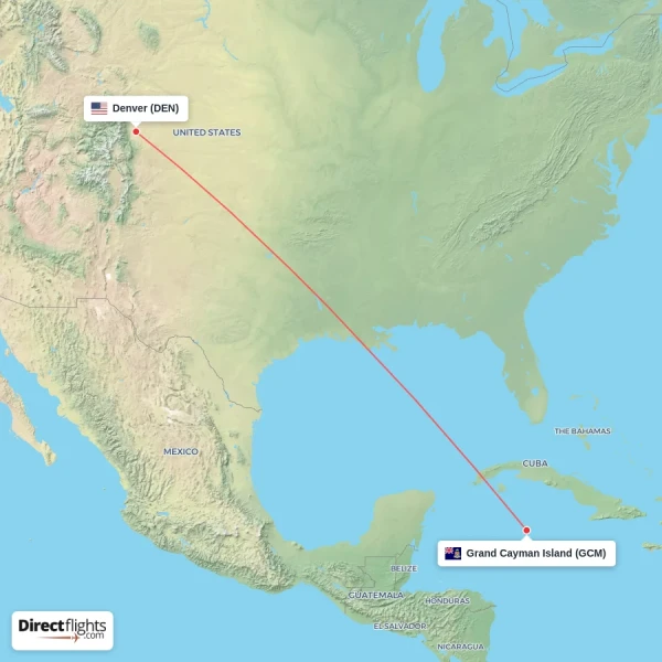 Denver - Grand Cayman Island direct flight map