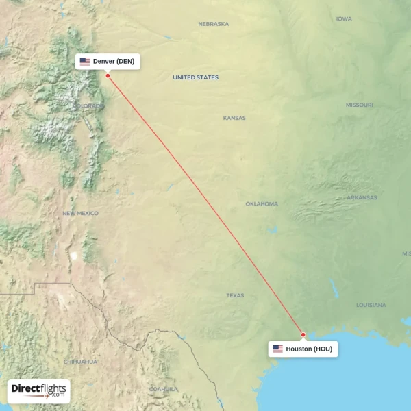 Denver - Houston direct flight map
