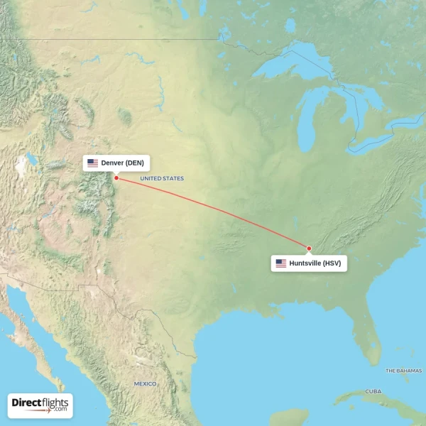 Denver - Huntsville direct flight map