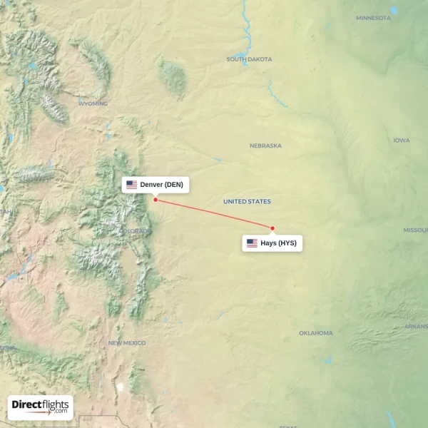 Denver - Hays direct flight map