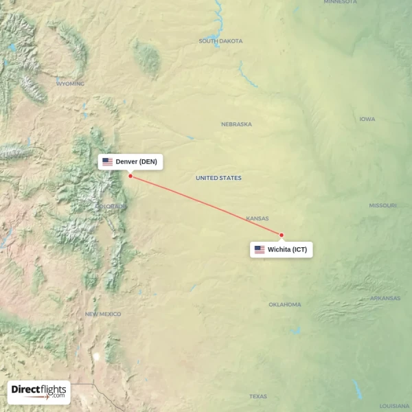 Denver - Wichita direct flight map