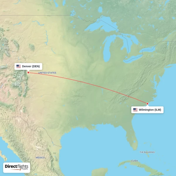 Denver - Wilmington direct flight map