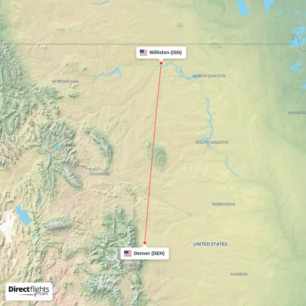 Denver - Williston direct flight map