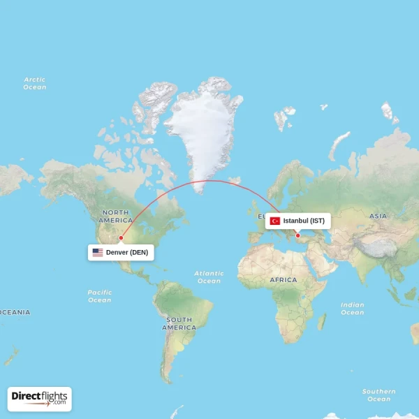 Denver - Istanbul direct flight map