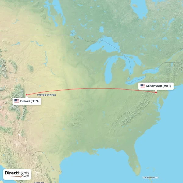 Denver - Middletown direct flight map