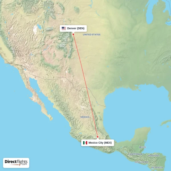 Denver - Mexico City direct flight map