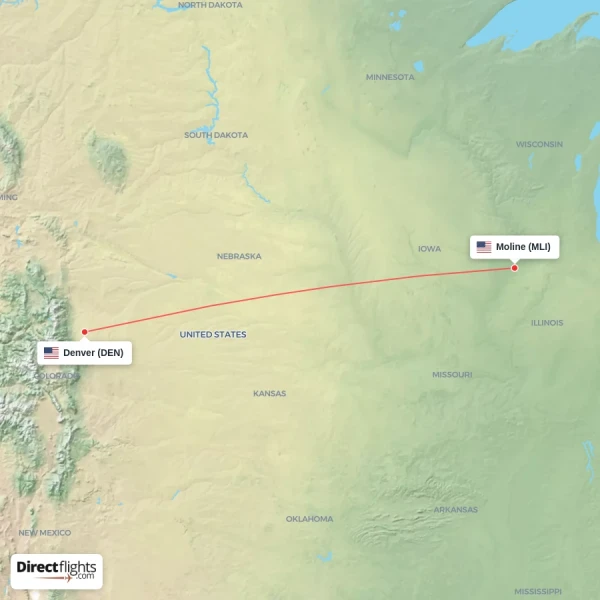 Denver - Moline direct flight map