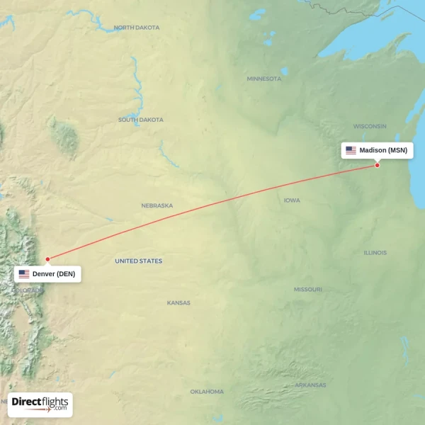 Denver - Madison direct flight map