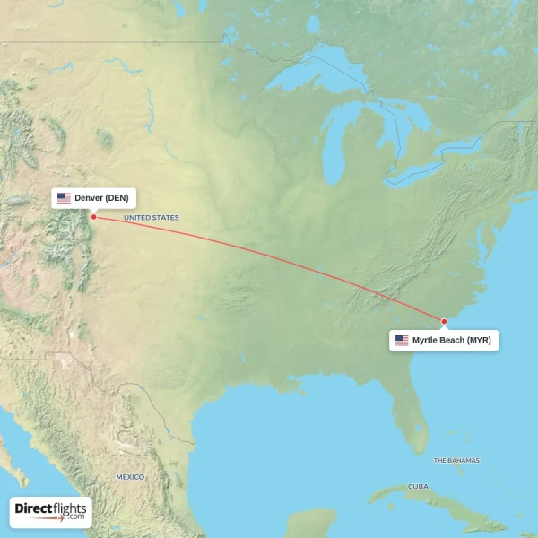Denver - Myrtle Beach direct flight map