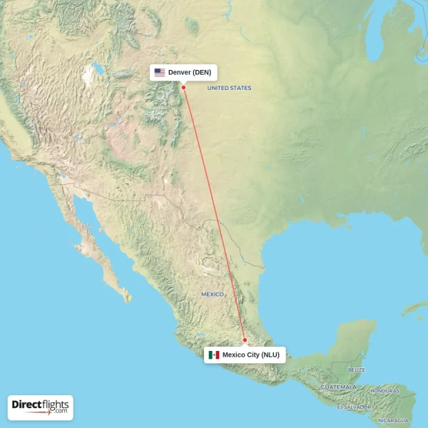 Denver - Mexico City direct flight map