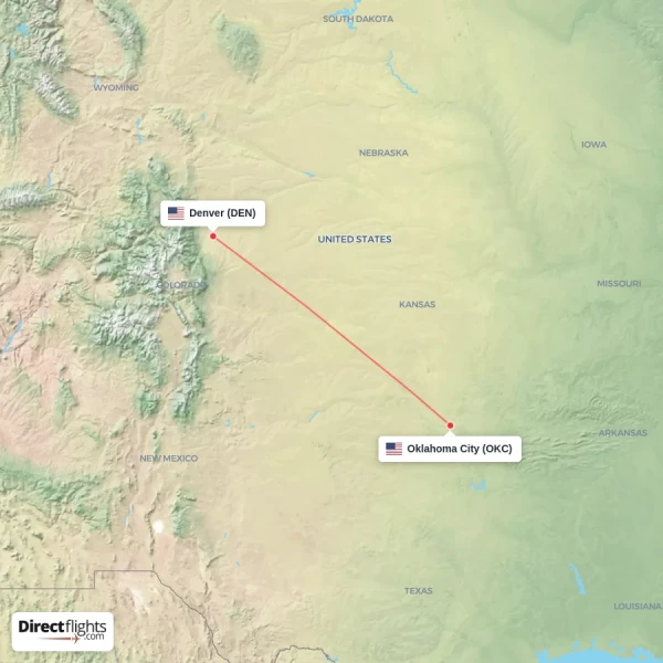 Denver - Oklahoma City direct flight map