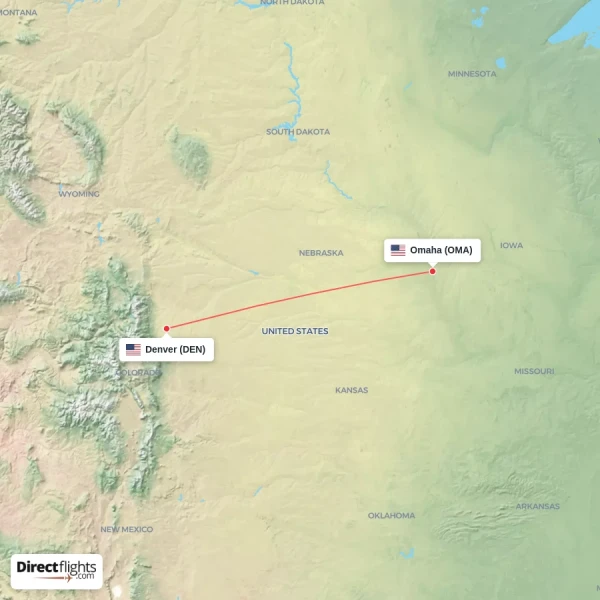 Denver - Omaha direct flight map