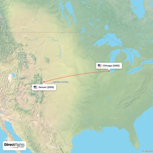 Denver - Chicago direct flight map