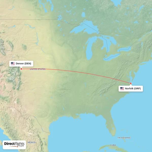Denver - Norfolk direct flight map