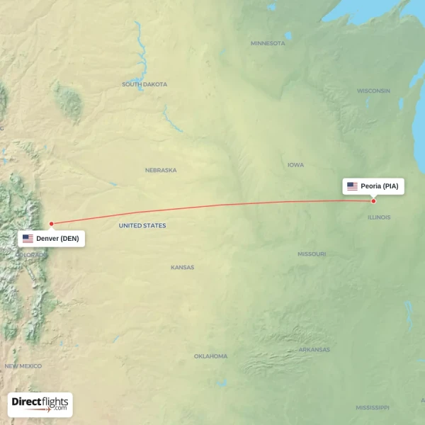 Denver - Peoria direct flight map