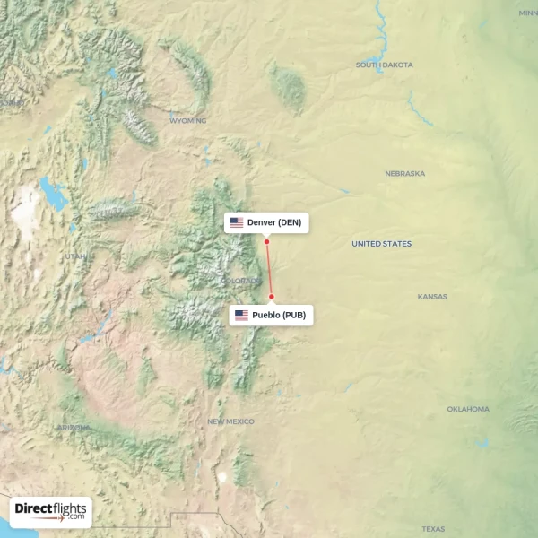 Denver - Pueblo direct flight map