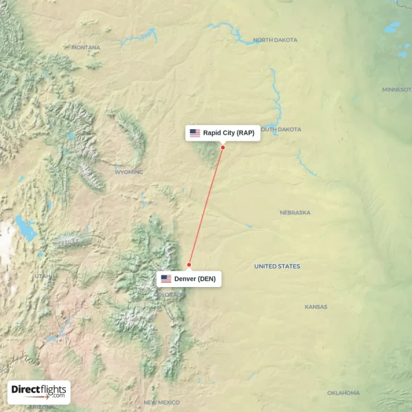 Denver - Rapid City direct flight map
