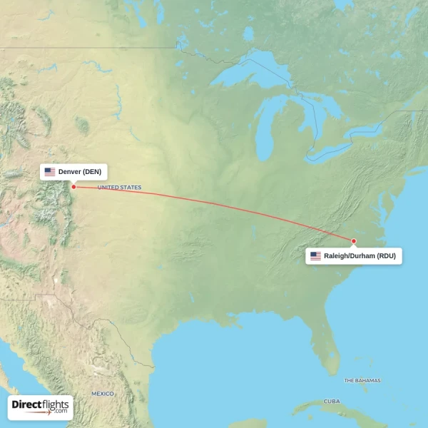 Denver - Raleigh/Durham direct flight map
