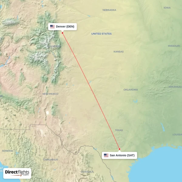 Denver - San Antonio direct flight map