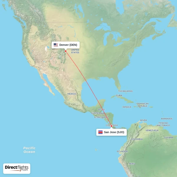 Denver - San Jose direct flight map