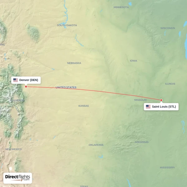 Denver - Saint Louis direct flight map