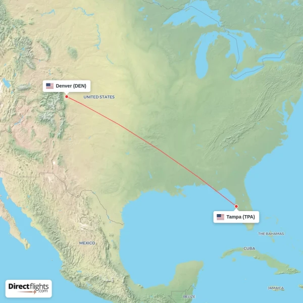 Denver - Tampa direct flight map