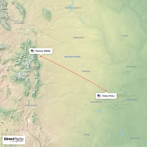 Denver - Tulsa direct flight map