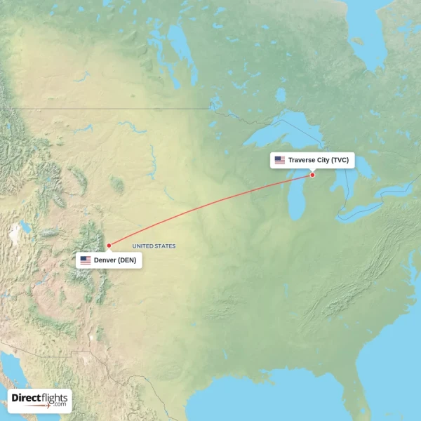 Denver - Traverse City direct flight map