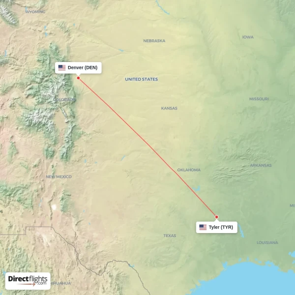 Denver - Tyler direct flight map