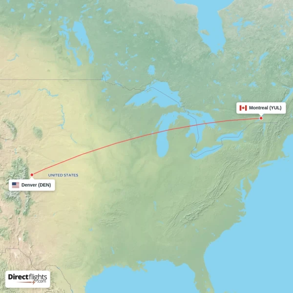Denver - Montreal direct flight map