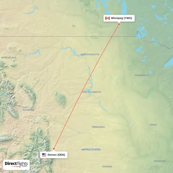 Denver - Winnipeg direct flight map