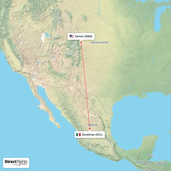 Denver - Zacatecas direct flight map