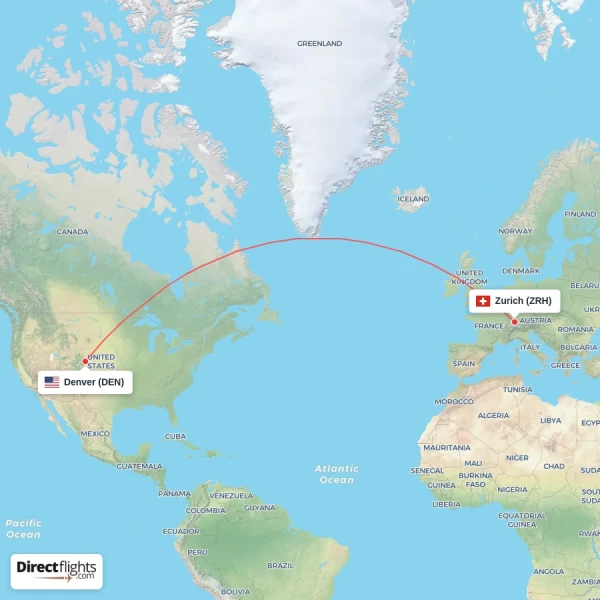 Denver - Zurich direct flight map