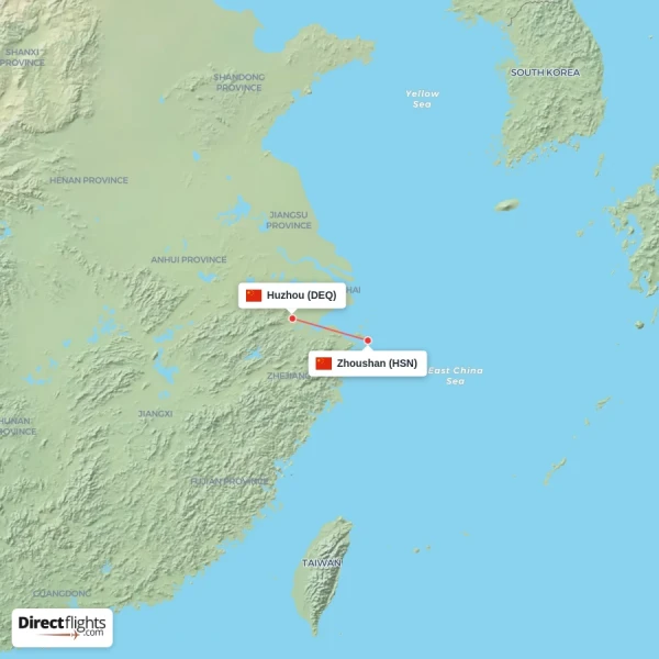 Huzhou - Zhoushan direct flight map