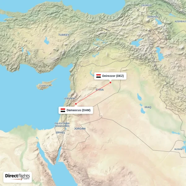 Deirezzor - Damascus direct flight map