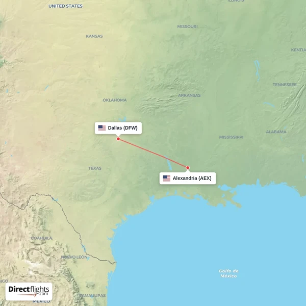 Dallas - Alexandria direct flight map