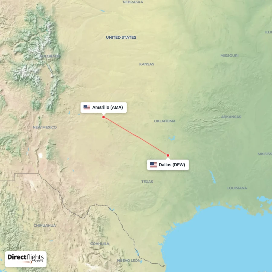 DFW - AMA route map