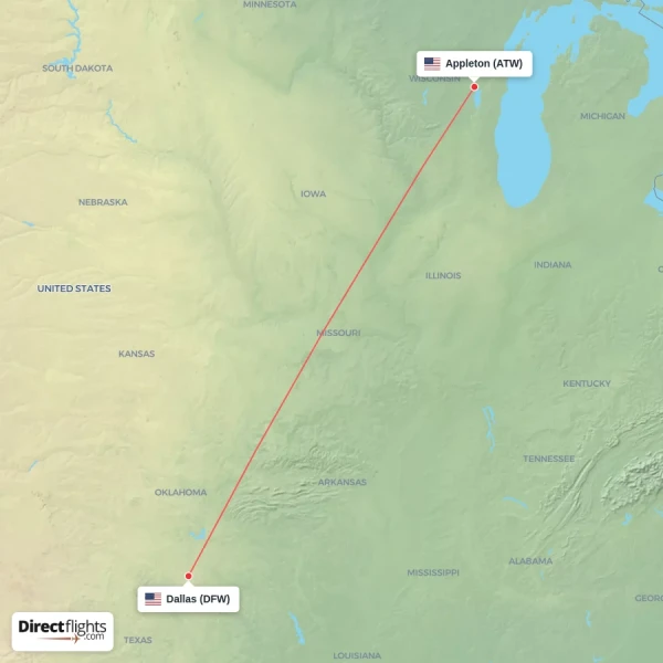 Dallas - Appleton direct flight map