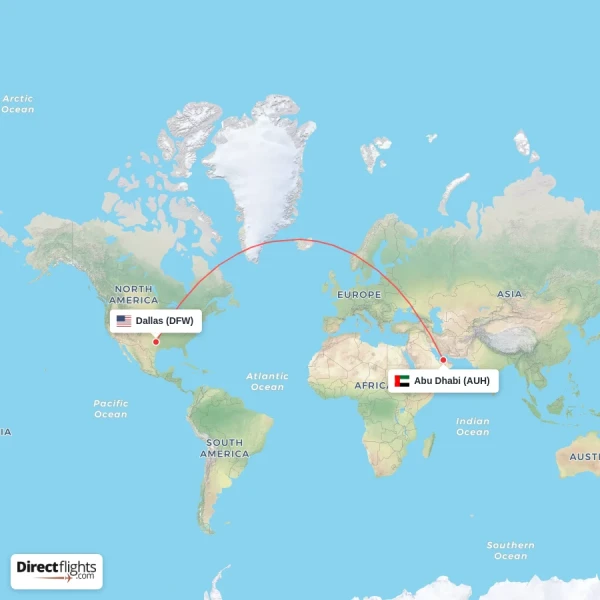 Dallas - Abu Dhabi direct flight map